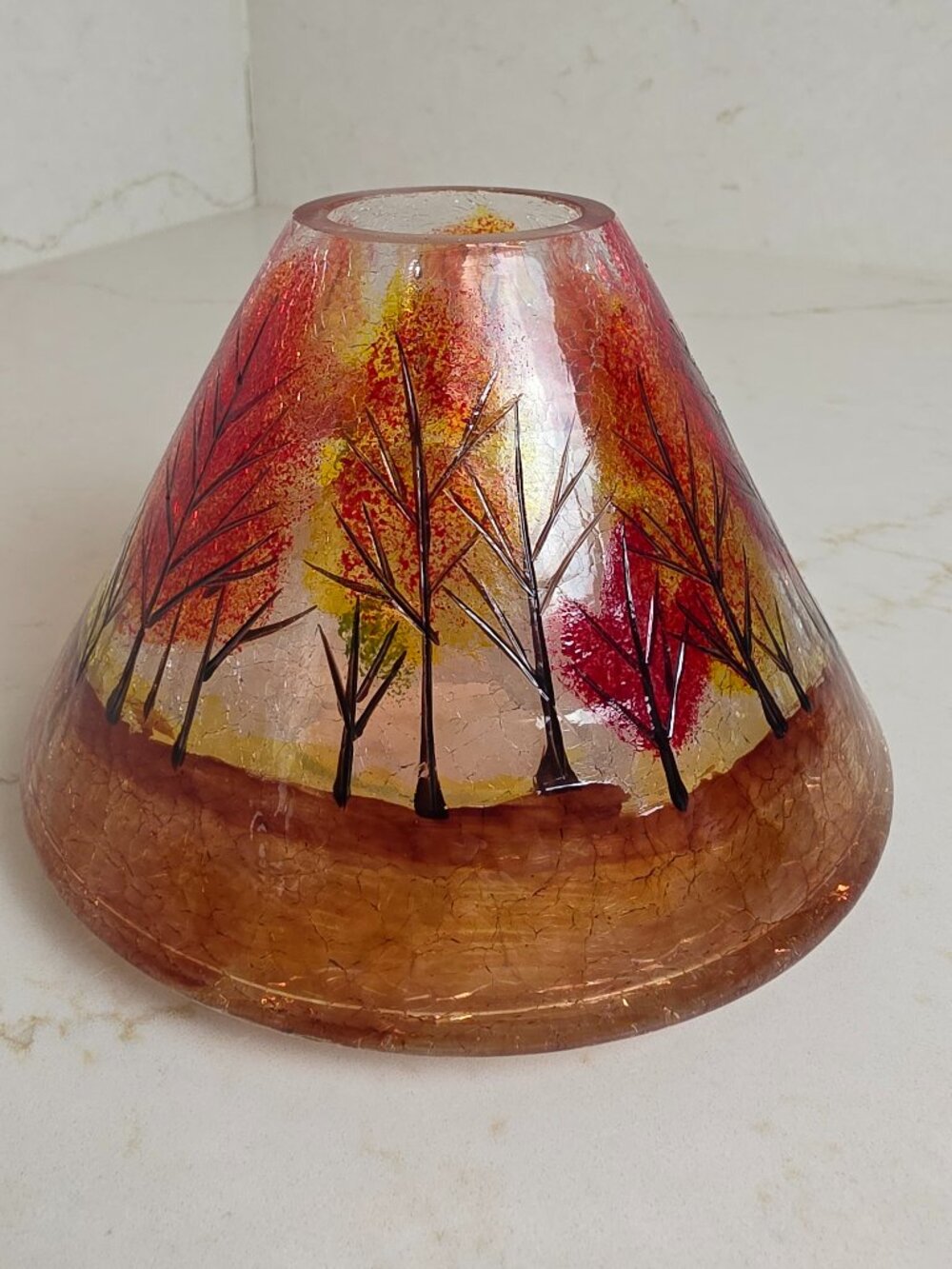 Autumn Fall Trees Crackle Glass Candle Jar Shade Topper